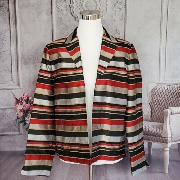 ann May Vintage Striped Lined Open Front Blazer Jacket Medium 100% Woven Silk - Picture 3 of 11